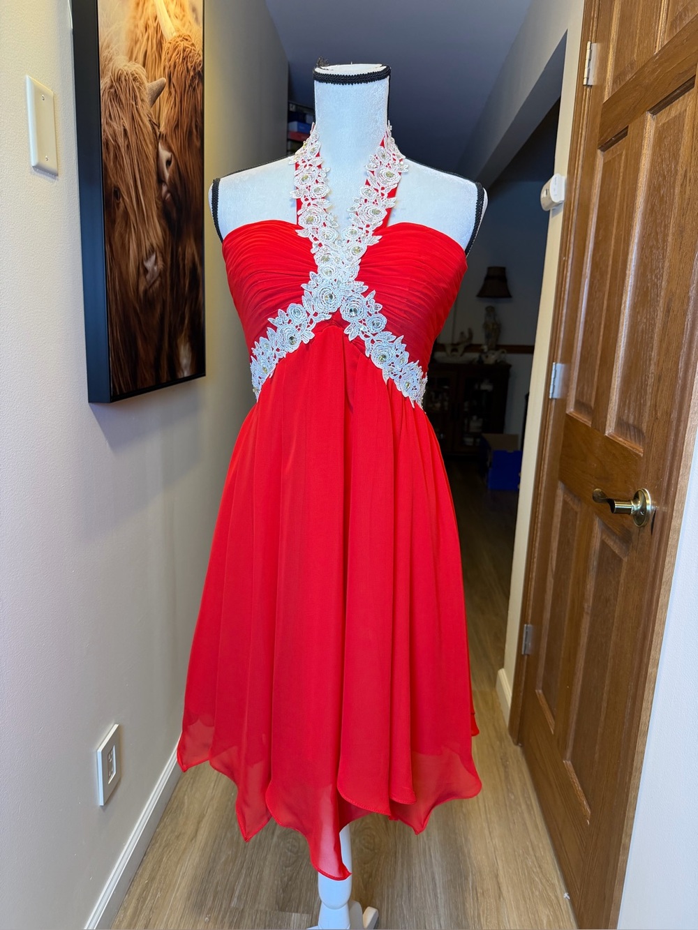 Red Chiffon Halter Corset Cocktail Dress Juniors Size 1/3
